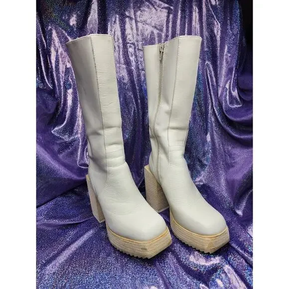 Darker Wavs Dolls Kill Cream Off White Platform Square Toe Zip Up Boots Sz 5 - Picture 2 of 8